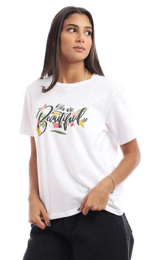 95323 " You Are Beautiful " Printed Cotton T-Shirt - White