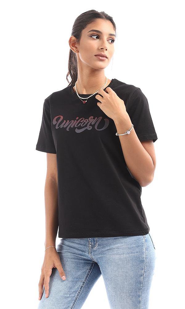 95325 "Unicorn" Printed Short Sleeves Black Tee - Ravin 