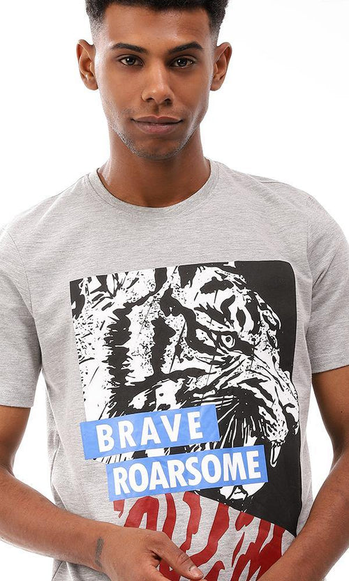 95327 Printed Heather Light Grey Round Collar T-Shirt - Ravin 