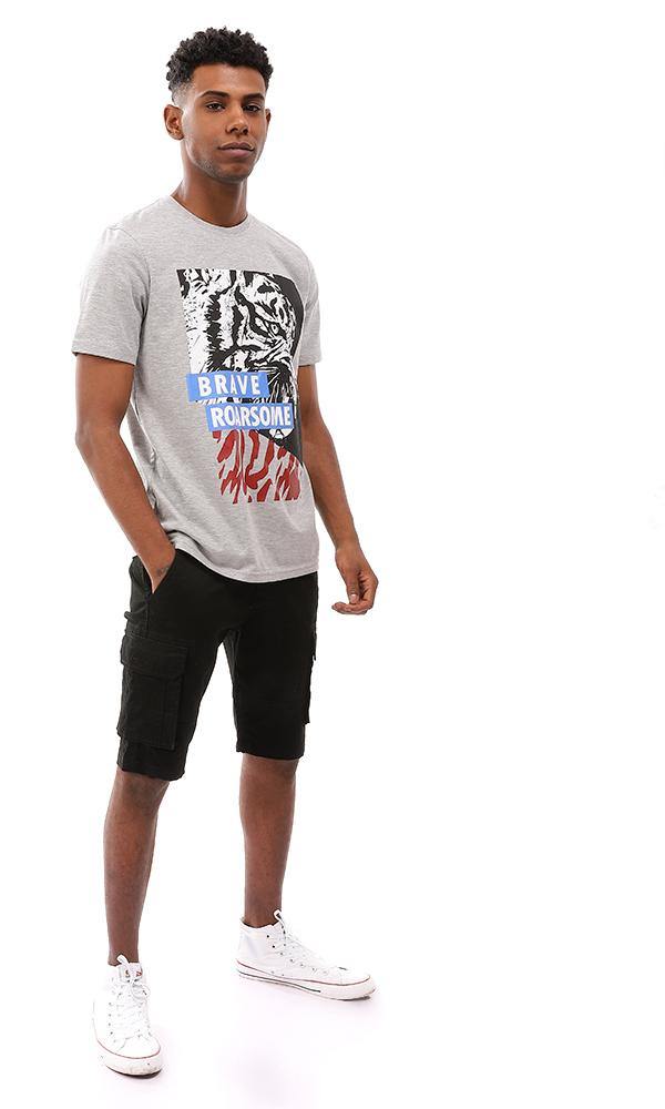 95327 Printed Heather Light Grey Round Collar T-Shirt - Ravin 