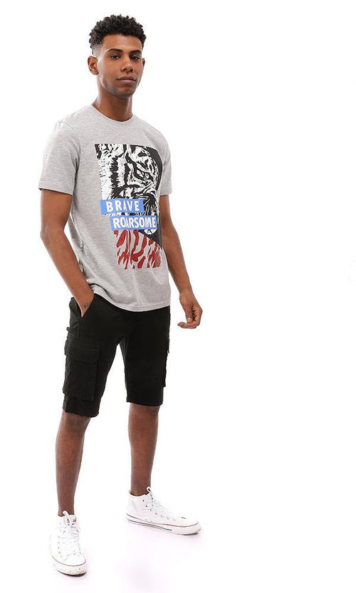 95327 Printed Heather Light Grey Round Collar T-Shirt - Ravin 