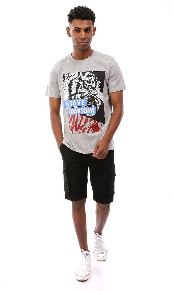 95327 Printed Heather Light Grey Round Collar T-Shirt - Ravin 
