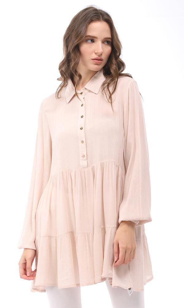 95331 Thin Glittery Striped Buttoned Blouse - Beige - Ravin 