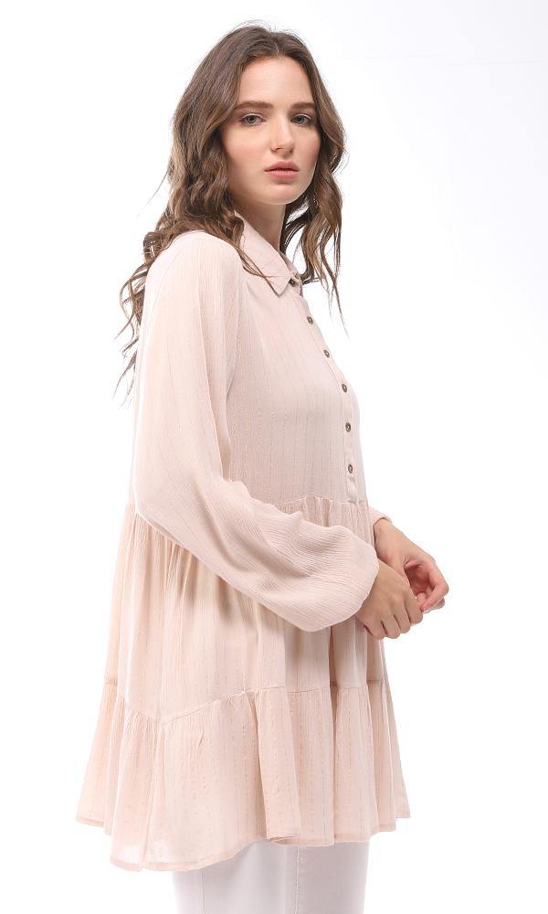 95331 Thin Glittery Striped Buttoned Blouse - Beige - Ravin 