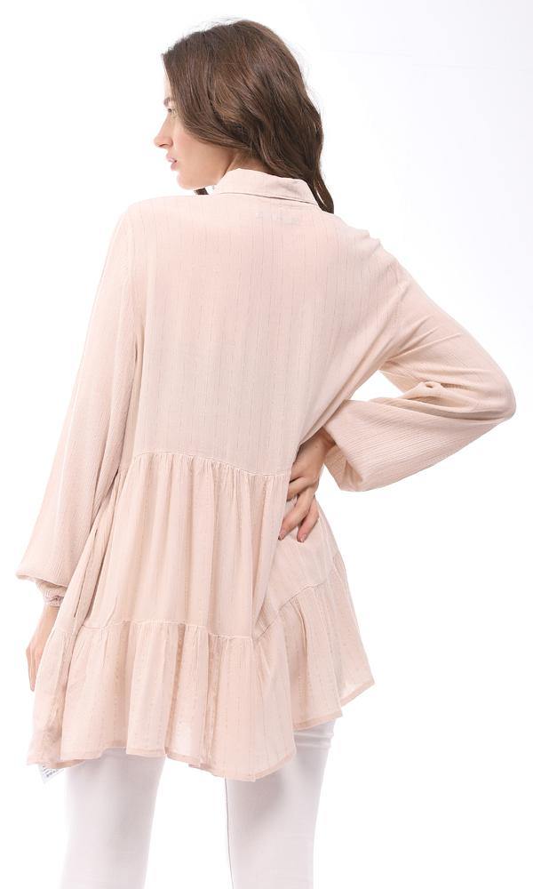 95331 Thin Glittery Striped Buttoned Blouse - Beige - Ravin 