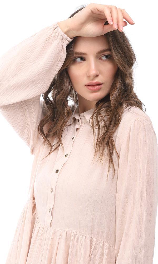 95331 Thin Glittery Striped Buttoned Blouse - Beige - Ravin 