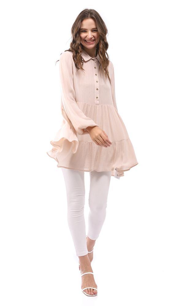 95331 Thin Glittery Striped Buttoned Blouse - Beige - Ravin 