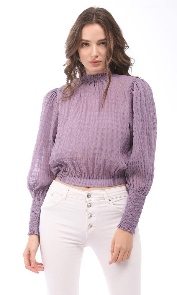 95333 Full Sleeves Purple Elastic Mock Neck Blouse - Ravin 