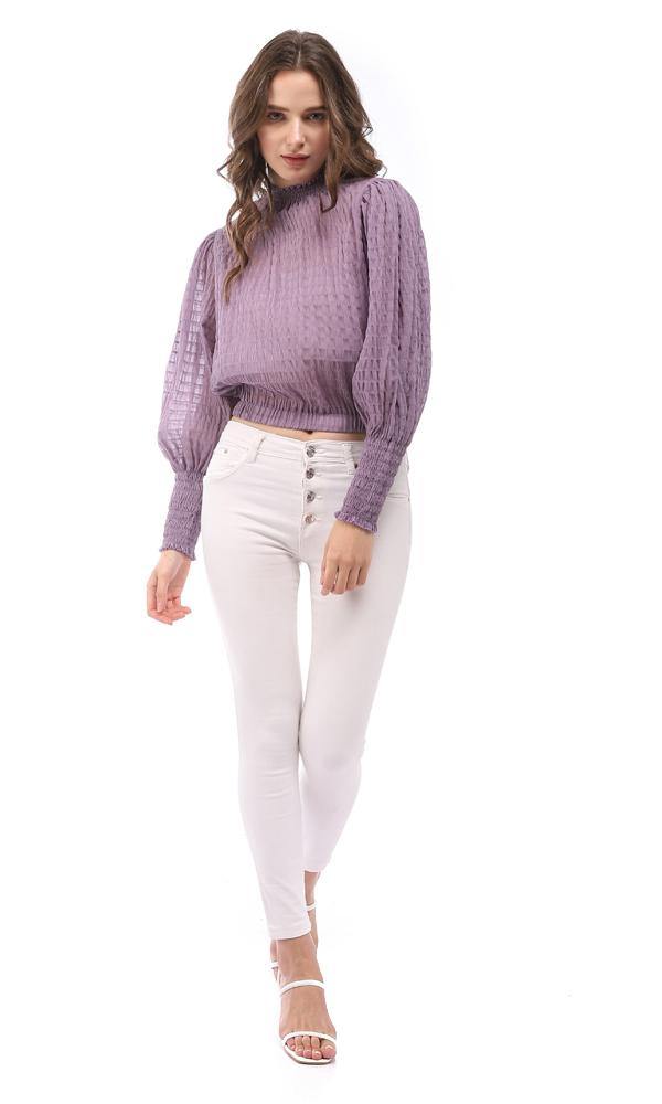 95333 Full Sleeves Purple Elastic Mock Neck Blouse - Ravin 