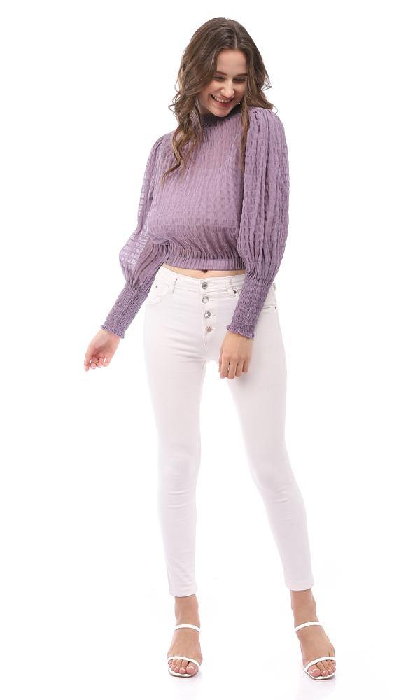 95333 Full Sleeves Purple Elastic Mock Neck Blouse - Ravin 