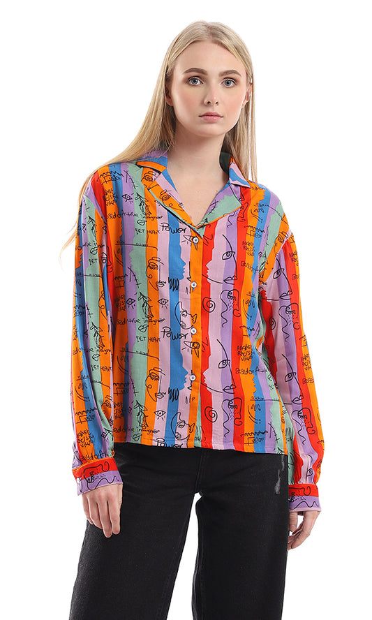 95340 Colorful Striped & Self Pattern Buttoned Shirt - Multicolour