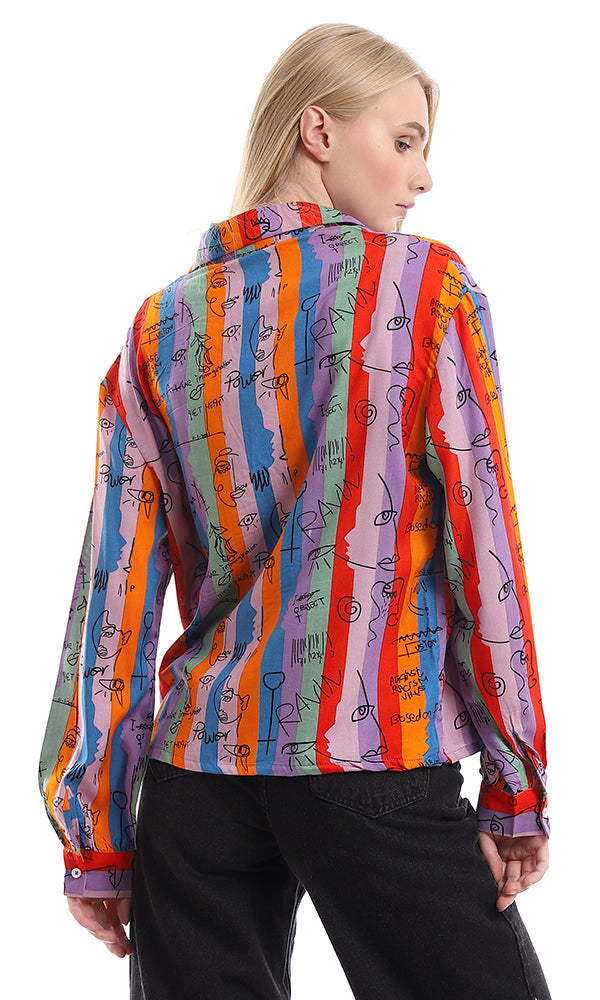 95340 Colorful Striped & Self Pattern Buttoned Shirt - Multicolour