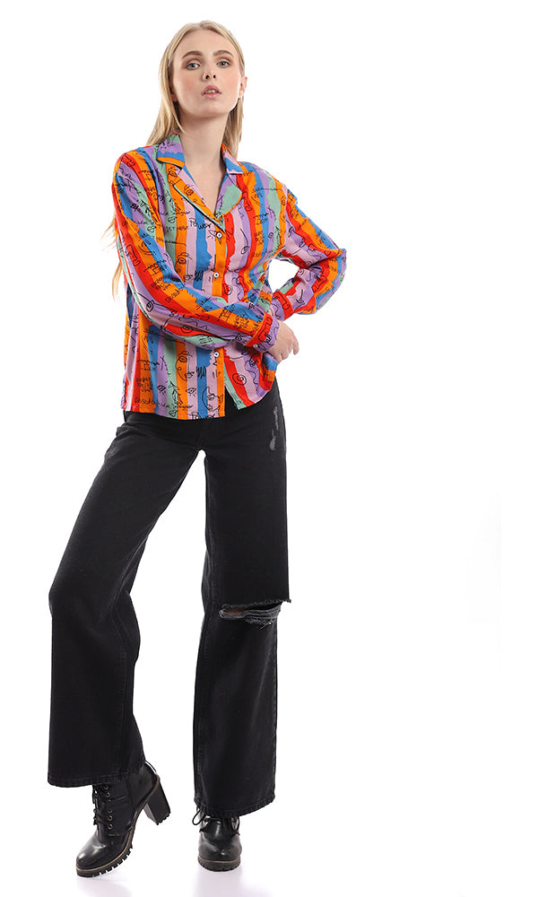95340 Colorful Striped & Self Pattern Buttoned Shirt - Multicolour