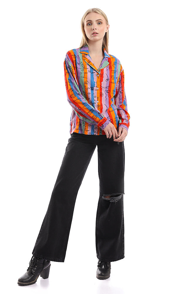 95340 Colorful Striped & Self Pattern Buttoned Shirt - Multicolour