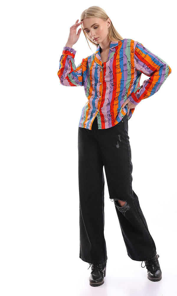 95340 Colorful Striped & Self Pattern Buttoned Shirt - Multicolour