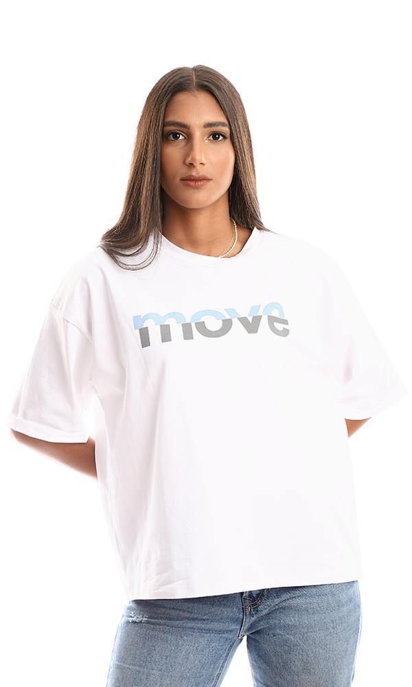 95348 Printed "Move" Short Sleeves Loose White Tee - Ravin 