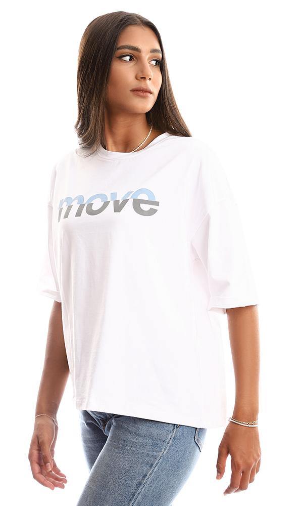 95348 Printed "Move" Short Sleeves Loose White Tee - Ravin 