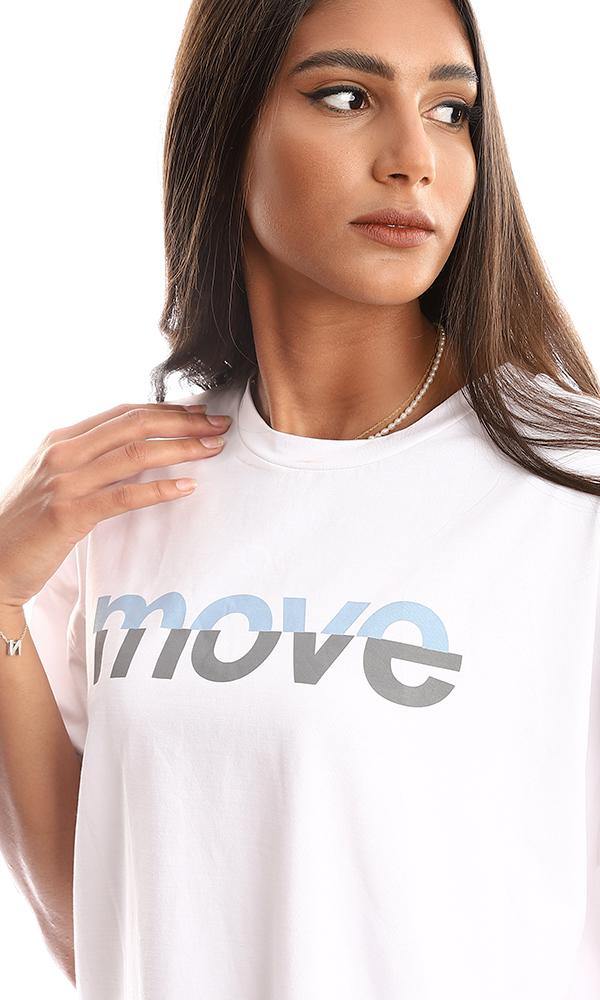 95348 Printed "Move" Short Sleeves Loose White Tee - Ravin 