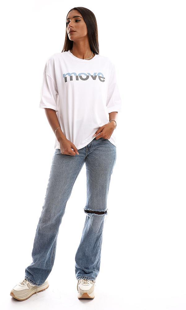 95348 Printed "Move" Short Sleeves Loose White Tee - Ravin 