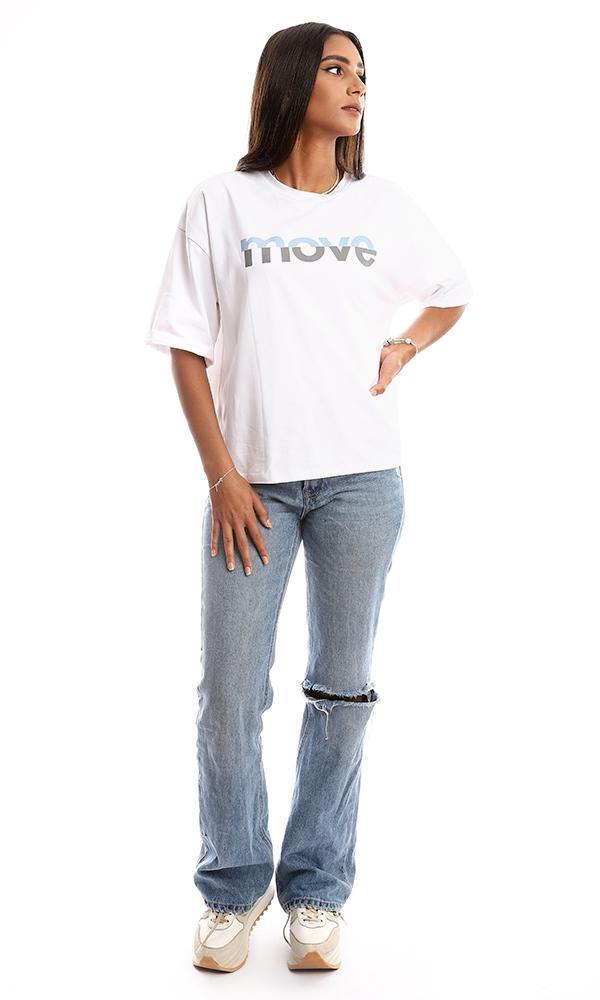 95348 Printed "Move" Short Sleeves Loose White Tee - Ravin 