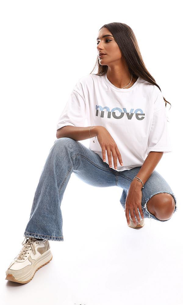 95348 Printed "Move" Short Sleeves Loose White Tee - Ravin 