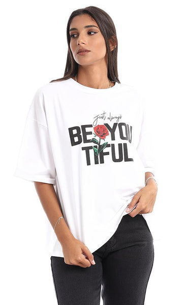 95355 "Just Always BEYOUTIFUL" Printed Loose White Tee - Ravin 