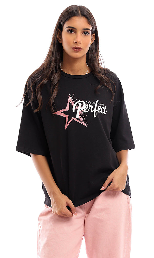 Star Graphic Oversized Crew Neck T-Shirt - Black - 95357