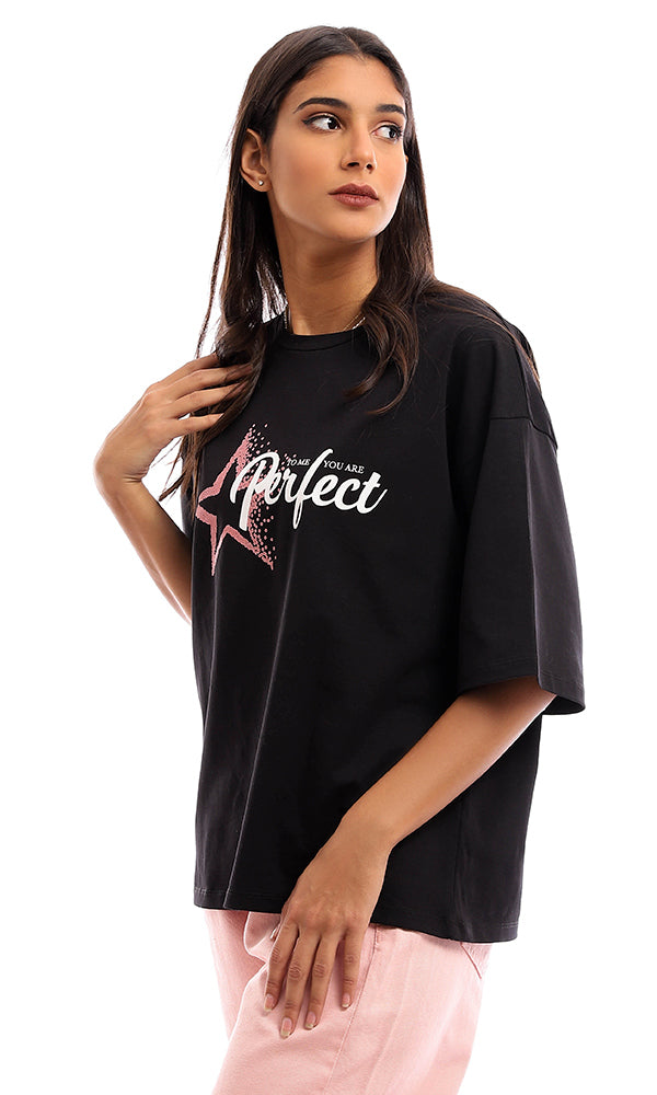 Star Graphic Oversized Crew Neck T-Shirt - Black - 95357