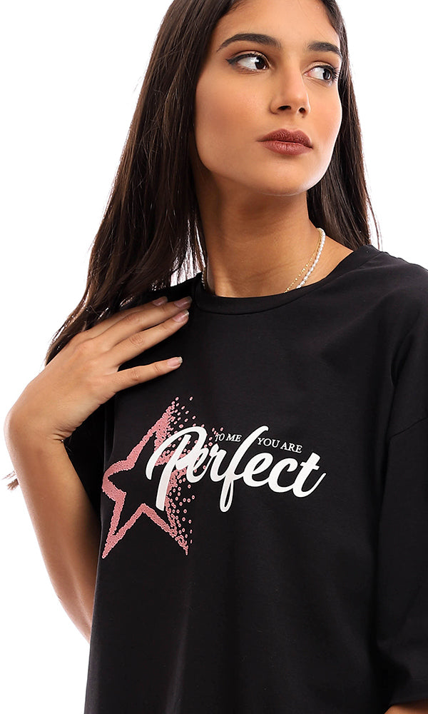 Star Graphic Oversized Crew Neck T-Shirt - Black - 95357