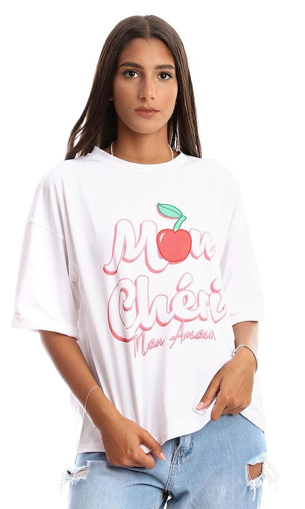 95360 Crew Neck Printed "Mon Cheri" Loose White Tee - Ravin 