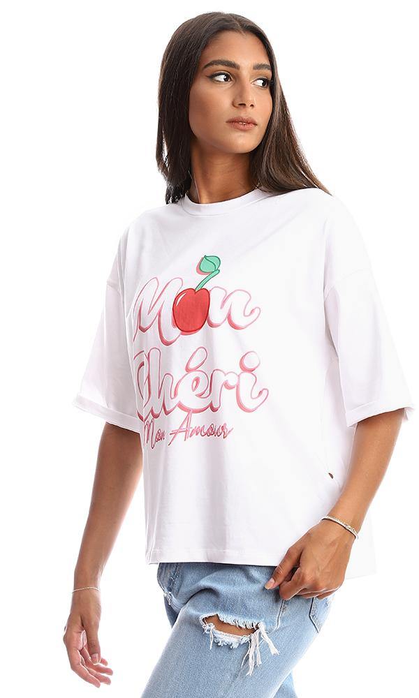 95360 Crew Neck Printed "Mon Cheri" Loose White Tee - Ravin 