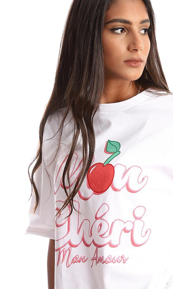 95360 Crew Neck Printed "Mon Cheri" Loose White Tee - Ravin 