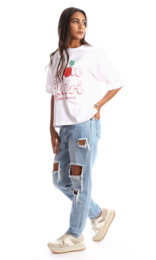 95360 Crew Neck Printed "Mon Cheri" Loose White Tee - Ravin 