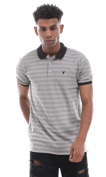 95367 Chic Self Striped Grey Buttoned Polo Shirt - Ravin 