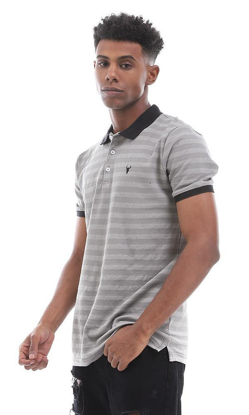 95367 Chic Self Striped Grey Buttoned Polo Shirt - Ravin 