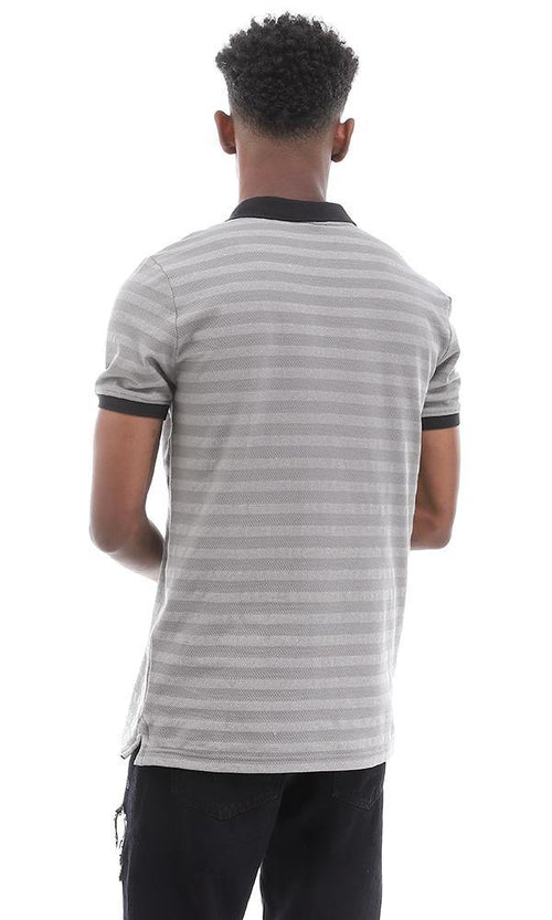 95367 Chic Self Striped Grey Buttoned Polo Shirt - Ravin 
