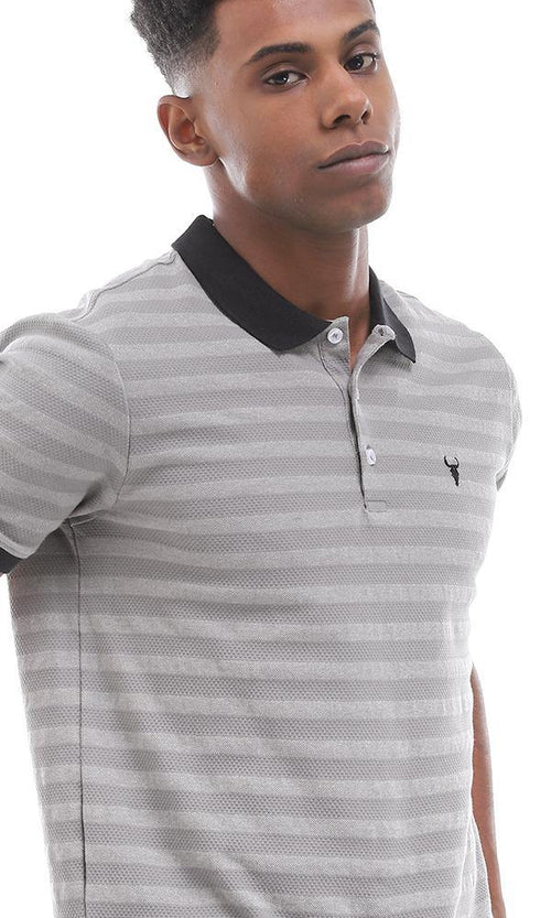 95367 Chic Self Striped Grey Buttoned Polo Shirt - Ravin 