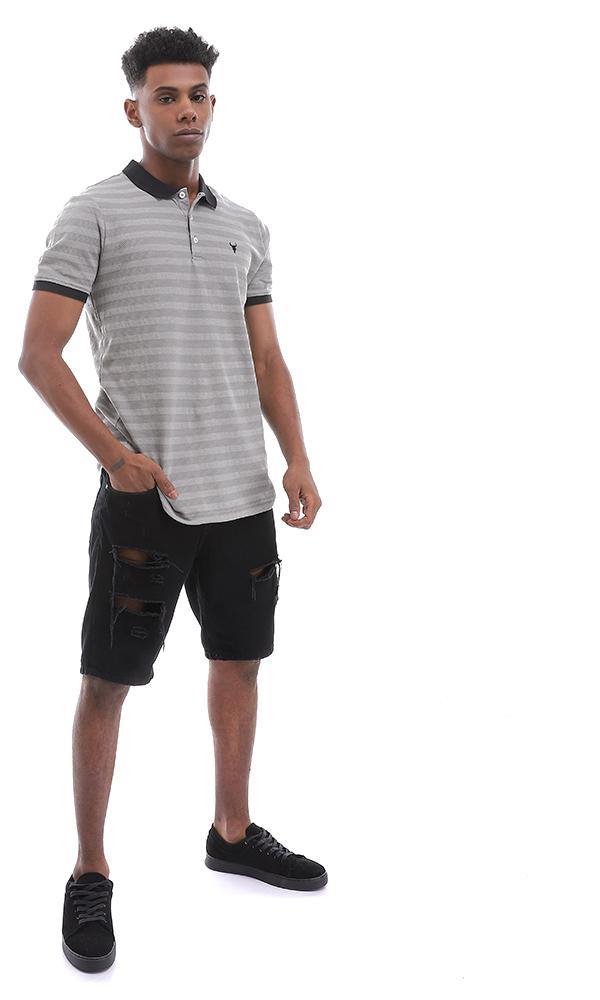 95367 Chic Self Striped Grey Buttoned Polo Shirt - Ravin 