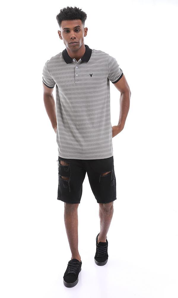 95367 Chic Self Striped Grey Buttoned Polo Shirt - Ravin 