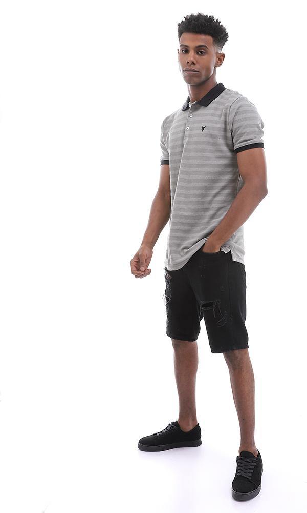 95367 Chic Self Striped Grey Buttoned Polo Shirt - Ravin 