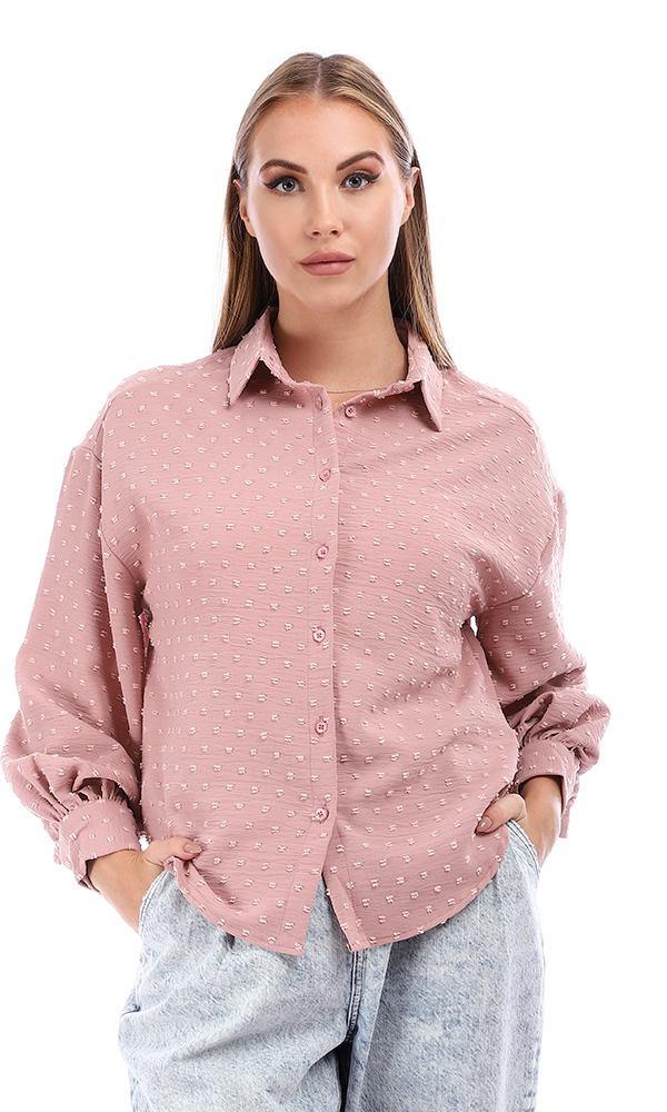 95372 Puffy Sleeves Cotton Button Down Shirt - Pink Blush - Ravin 