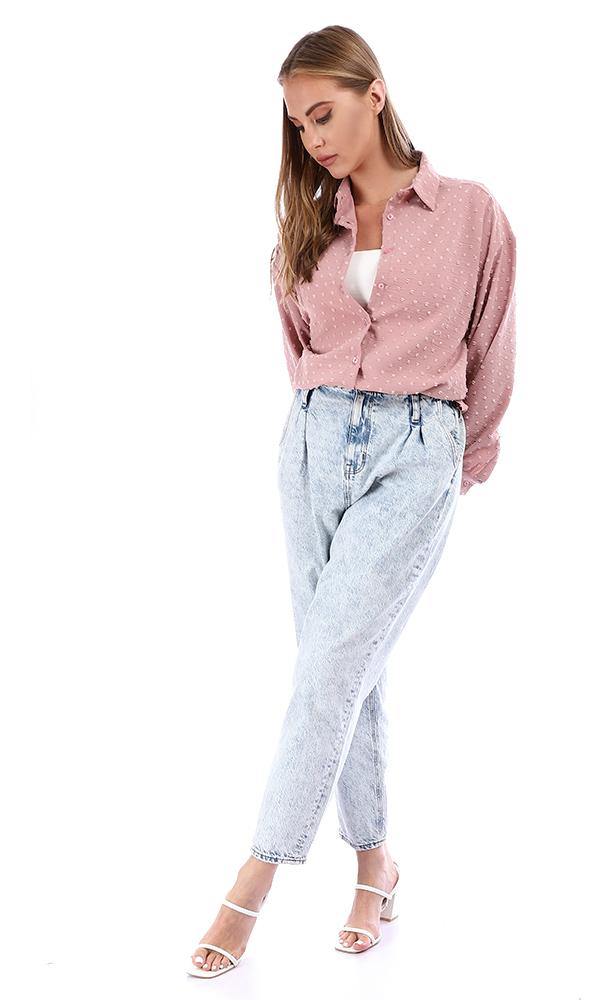 95372 Puffy Sleeves Cotton Button Down Shirt - Pink Blush - Ravin 