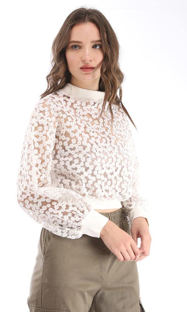 95376 Back Button Floral Polyester Sheer Sweater - Off White - Ravin 