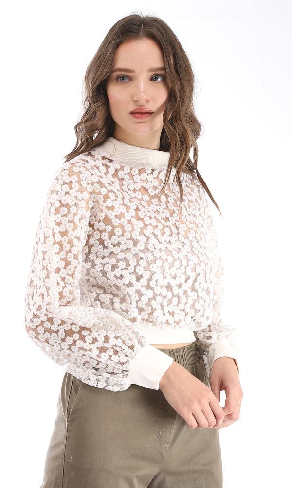 95376 Back Button Floral Polyester Sheer Sweater - Off White - Ravin 