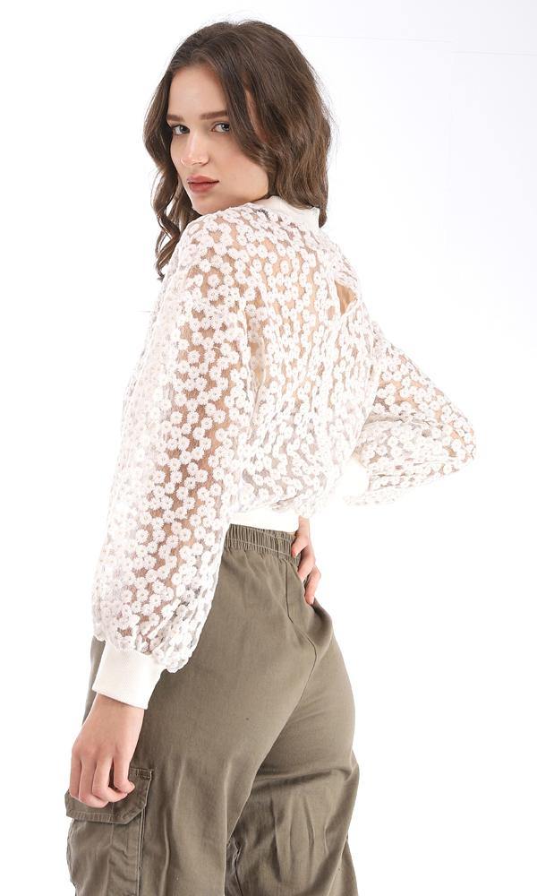 95376 Back Button Floral Polyester Sheer Sweater - Off White - Ravin 