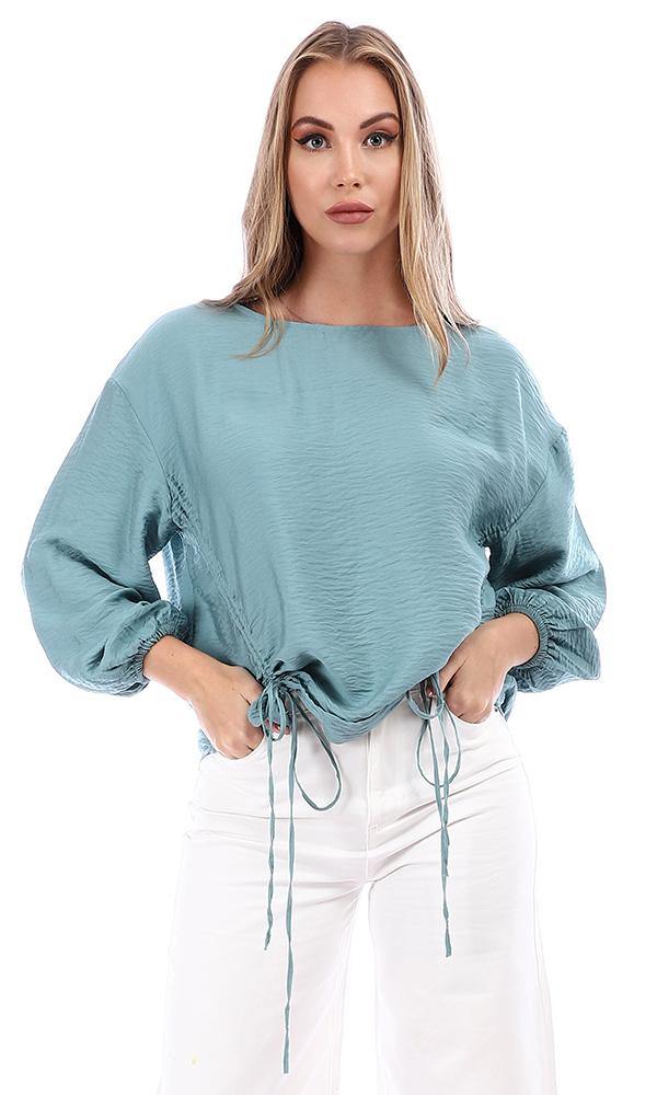 95378 Slub Pattern Wasit Drawstring Blouse - Turquoise - Ravin 