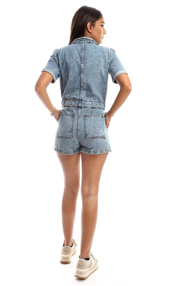 95379 Standard Blue Buttoned Short Sleeves Denim Romper - Ravin 