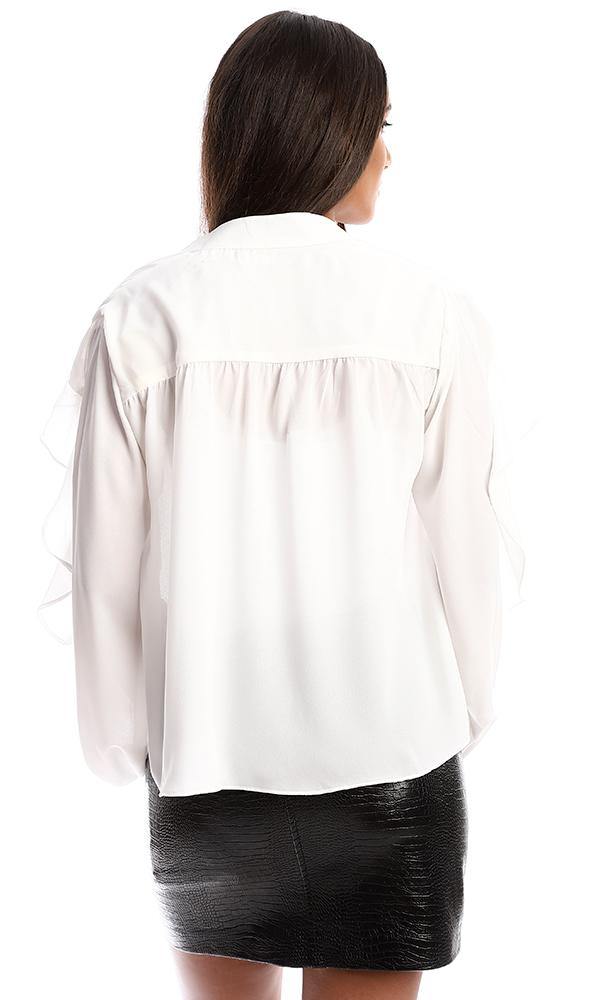 95386 Open V-neck Long Sleeves Off-White Blouse - Ravin 