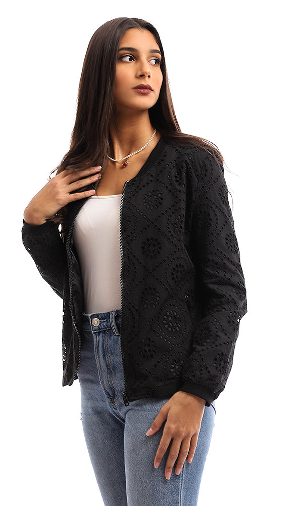 95390 Trendy Perforated Zipper Casual Jacket - Black