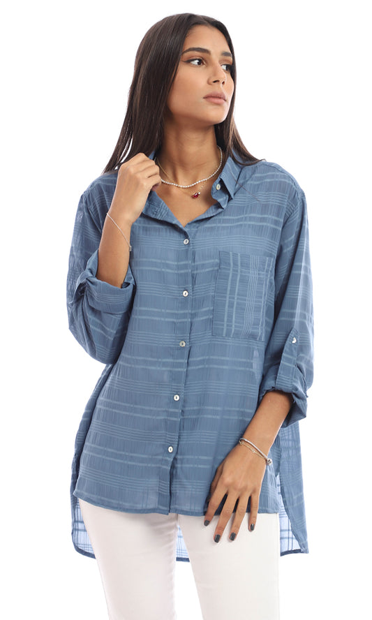 95415 Plaids Chiffon Full Buttoned Shirt - Dusty Blue